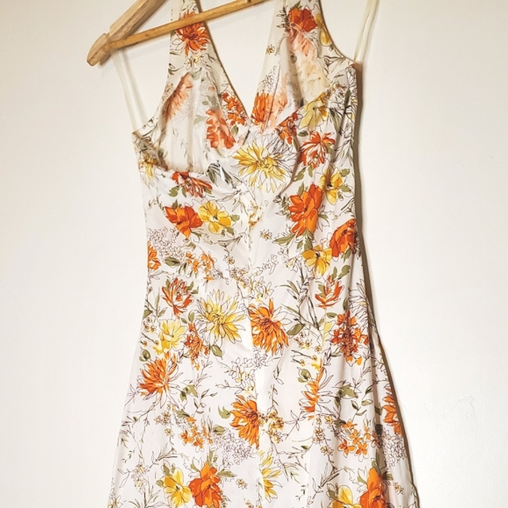 Springtime Song Orange, Green, Yellow and White Floral Print Halter Dress - Picture 3 of 16